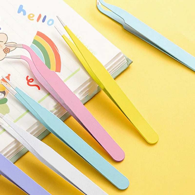 Stainless Steel Straight Curved Tweezers Colorful Pink Blue Purple DIY Eyelash Tweezer Nail Art Sticker Rhinestones Picking Tool