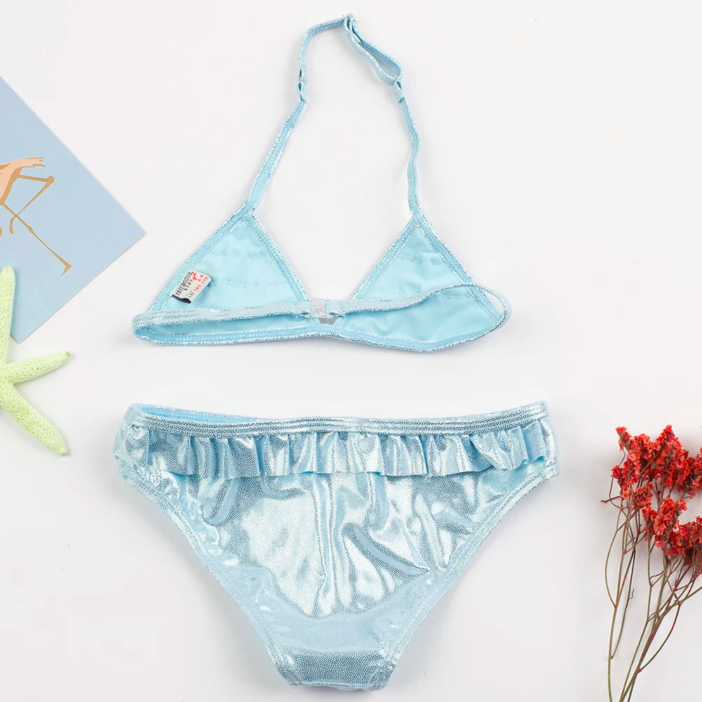 Shinning Ruffle Solid Summer Beach Girls Kids Swimwear Swimsuit Vacation Outdoor Play Adjustable Child Kids Bikini Set
