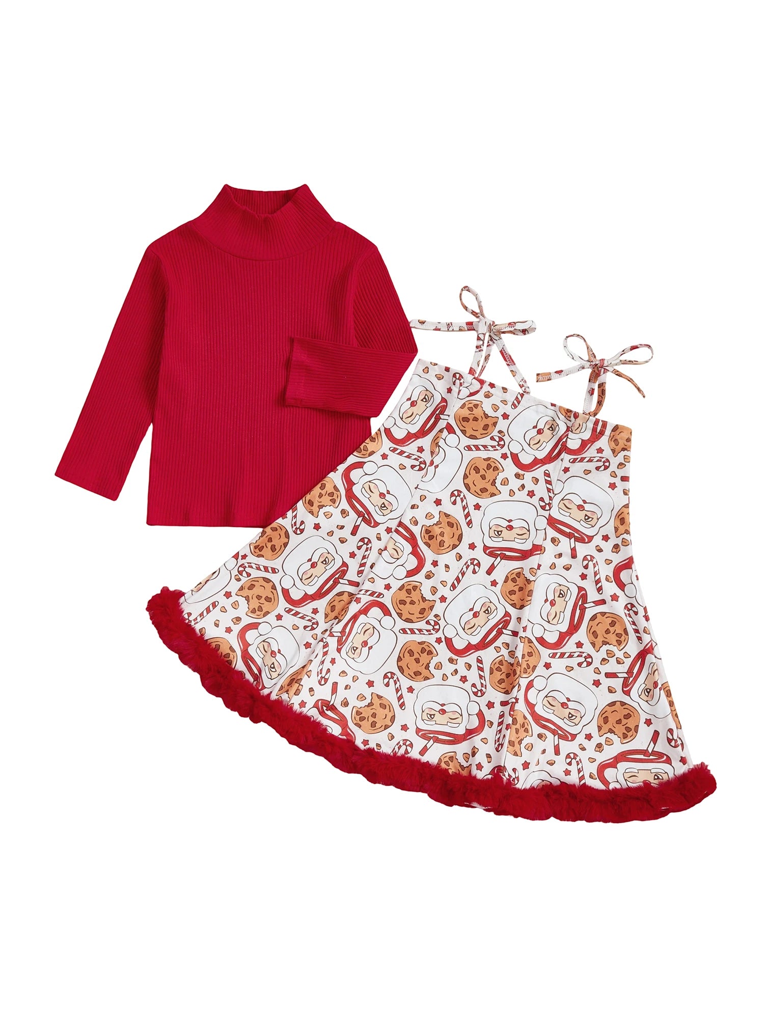 Women s Christmas Outfit Red Plaid Long Sleeve High Neck Ribbed Tops Snowman Print Suspender Skirt Set with Bow Detail