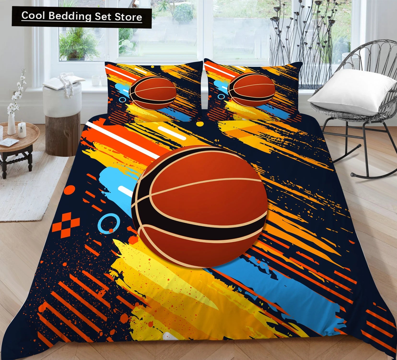 3D Basketball King Queen Duvet Cover Sports Theme Bedding Set for Kids Teens Boys Ball Game Bedroom Decor Soft Comforter Cover