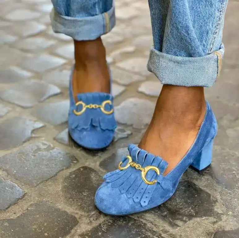 Pink Fringed Metal Buckle Pumps Round Toe Suede Chunky Heels Women Shoes Loafers