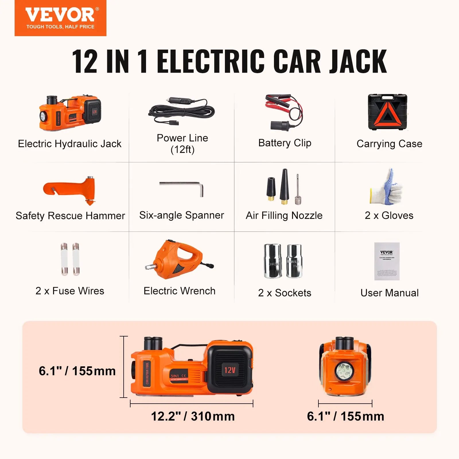 VEVOR Electric Car Jack, 5 Ton/11023 LBS Hydraulic Jack Lift with Electric Impact Wrench, Built-in Inflatable Pump
