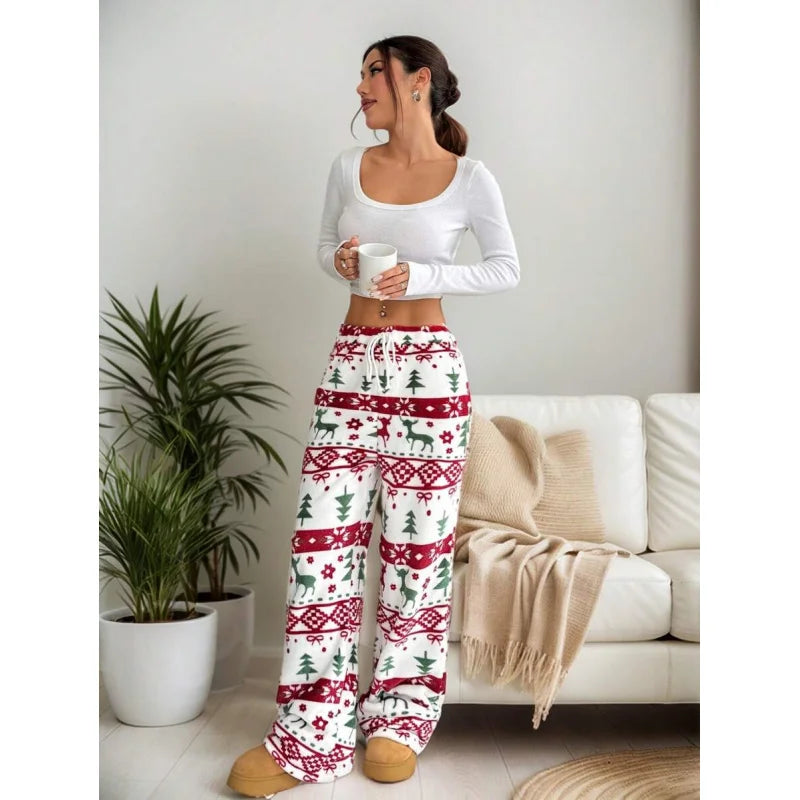 New Plush Graphic Print Comfortable Women Loose Straight Leg Pants