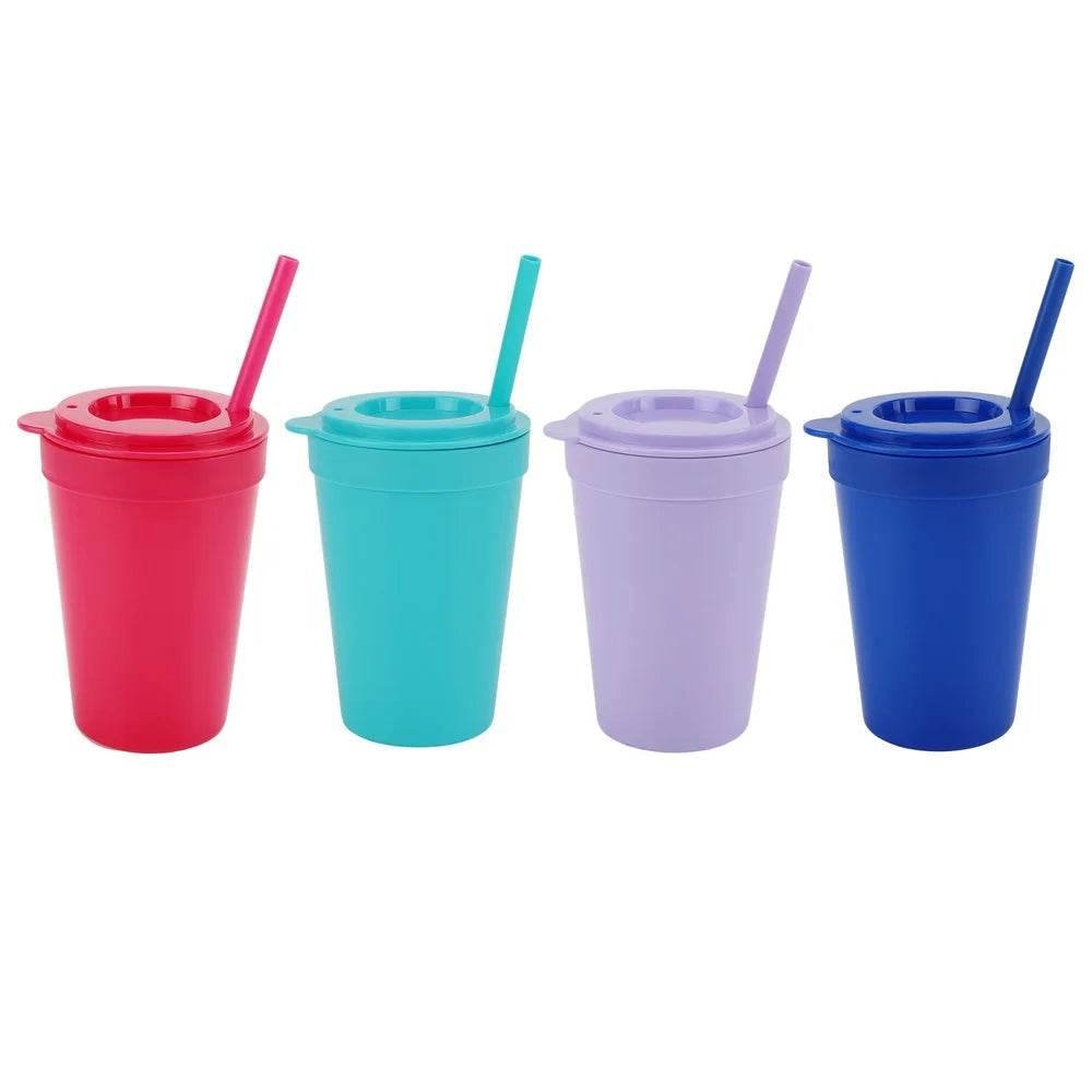 4-Pack 15oz Plastic Tumblers with Lids Straws Dishwasher Safe Spill Proof Kids Drinkware Set Perfect Picnics Playdates