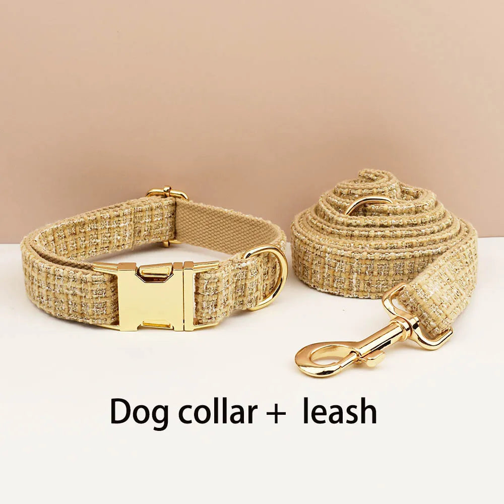 Light Khaki Dog Collar Harness And Leash Set with Custom Engraved Nameplate Personalized Pet Supplies for Dogs