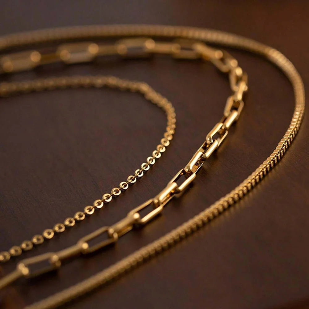 DGIDDK Stainless Steel Chain Triple Necklace Set Versatile Fashion Hollowing Can Be Stacked Wear Personalized Female Jewelry