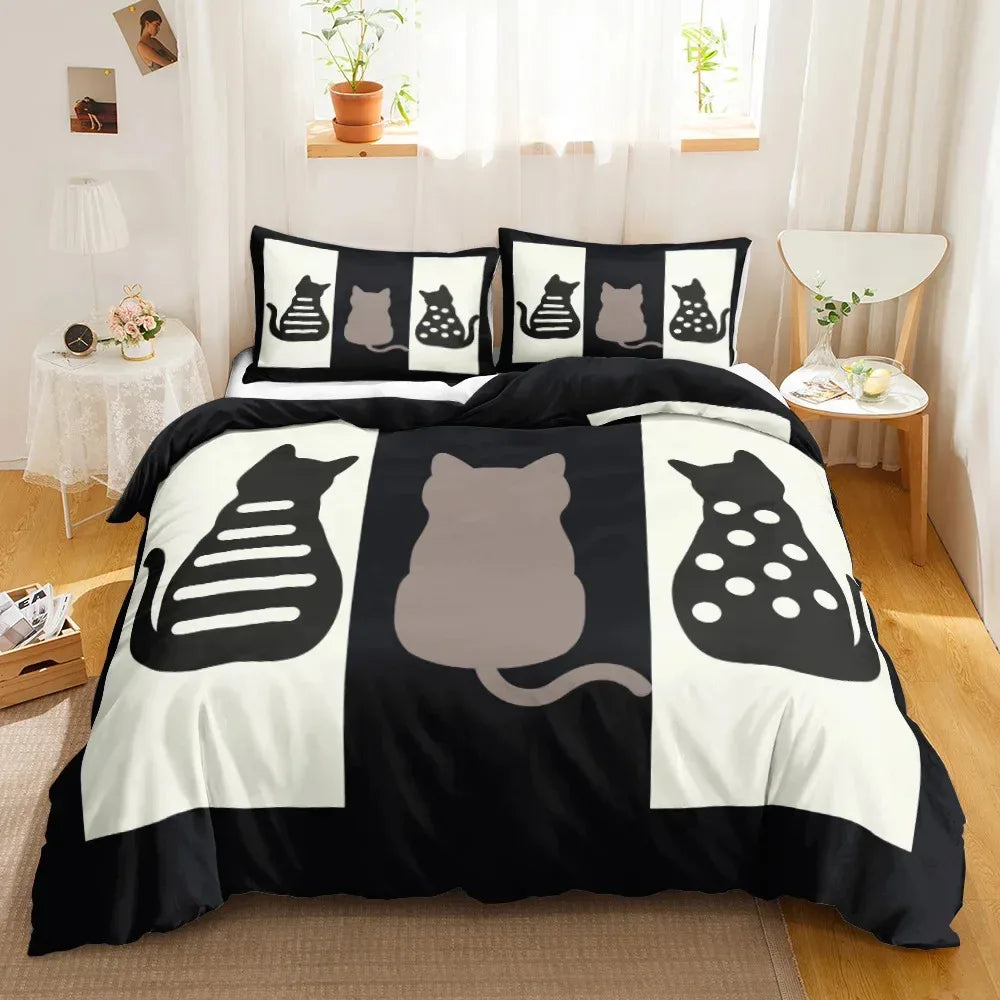 3PCS Single-sided Printed Bedding Set ,Comforter Cartoon Cute Cat Duvet Bedding Cover Pillows Comfortable Bedspreads Bedding Set