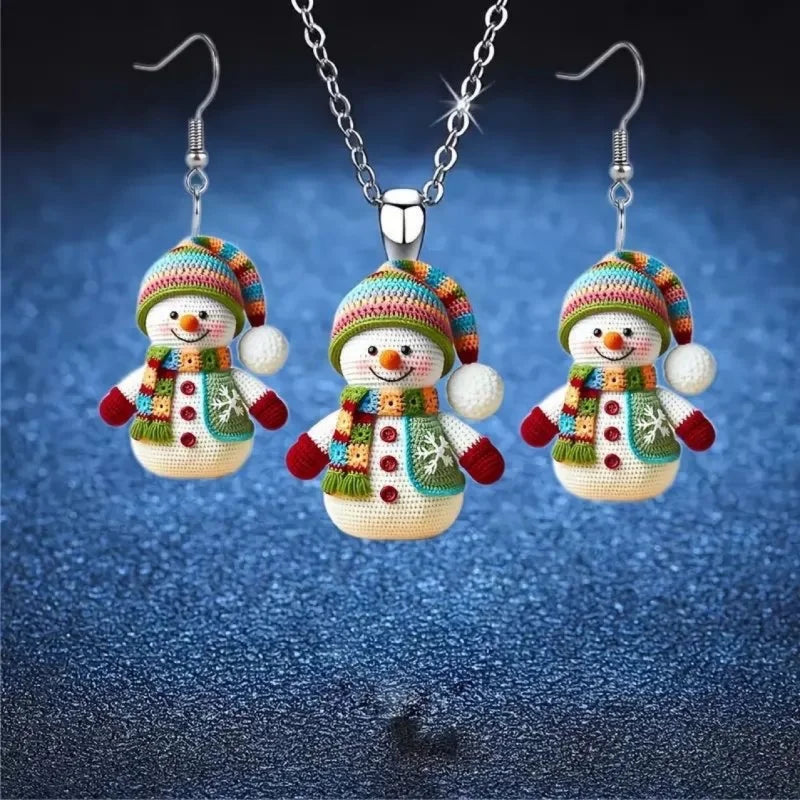 3 cute cartoon snowman earrings necklace set, acrylic graphic design, perfect Christmas gift for girls