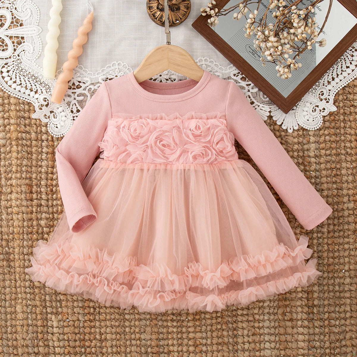 Girls' Dresses Spring/Fall Solid-Color Floral Long-Sleeve Baby Girl Dresses Adorable First Birthday Baby Dresses Baby Girl Cloth