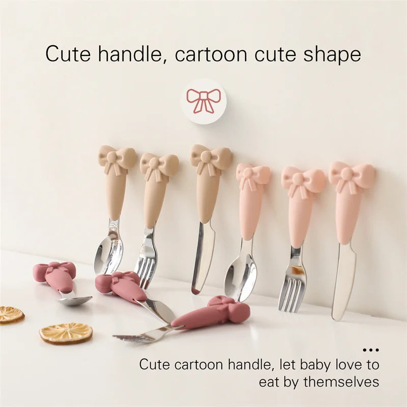 Baby Tableware Set BPA Free Silicone Bow Dish Tie Bowl Fork Food Plate Stainless Spoon Non-slip Tableware Newborn Feeding Tool