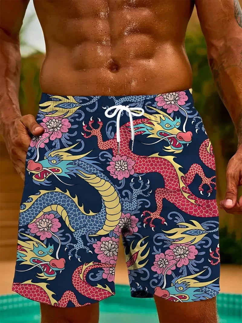3D Dragon Print Beach Shorts Men's Plus Size Casual Swim Shorts New In Quick Dry Ice Board Short Hommes Streetwear